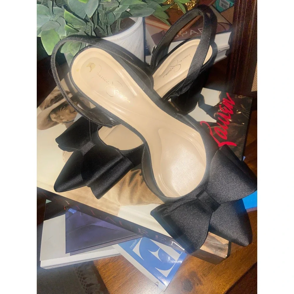 Jessica Simpson Black Satin Bow Slingback Block Heel Pumps Womens 6.5M